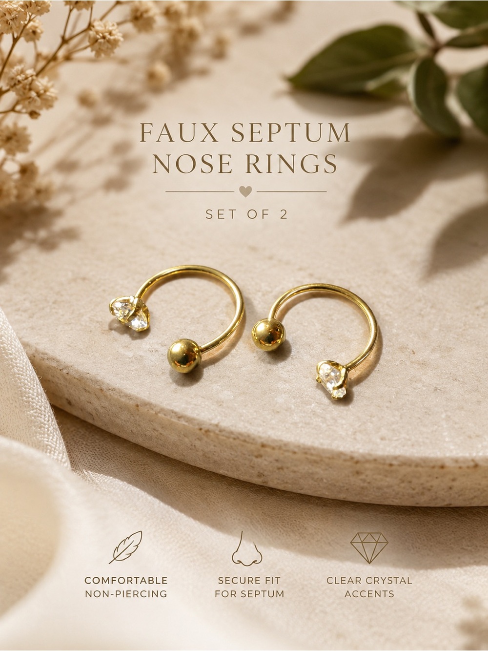 ★ Gold Faux Septum Nose Rings Set Crystal Non-Piercing Jewelry